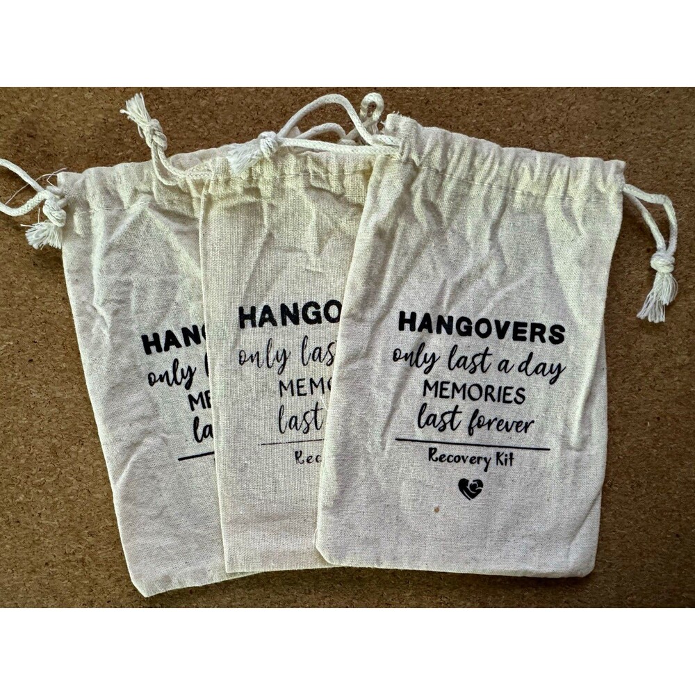 Pack of 3, Hangover Recovery kit, Beige Drawstring bags, Wedding Birthday Girls